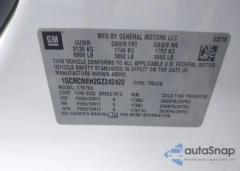 2016 Chevrolet Silverado 1500 Wt z USA, uszkodzony, nr VIN 1GCRCNEH2GZ242420